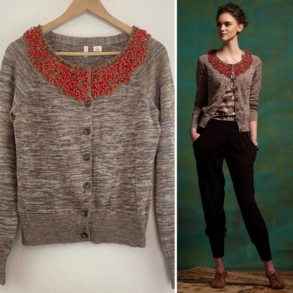 Anthropologie Moth Jewelers Choice Heather Brown Spice Cardigan Women’s Sz Small - Picture 2 of 12